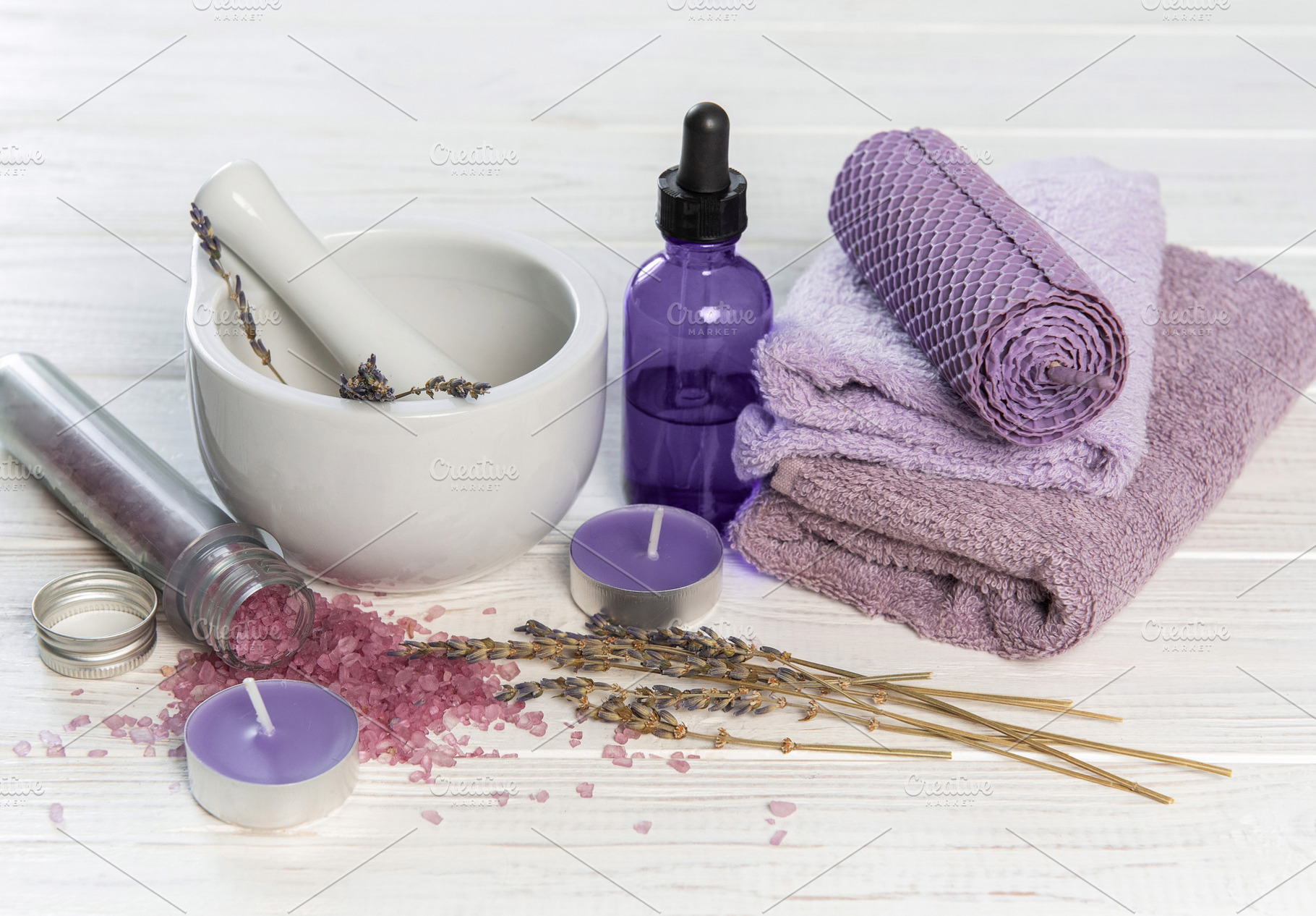 Lavender spa wellness concept with aromatherapy products, a Beauty & Fashion Photo by Olena Rudo
