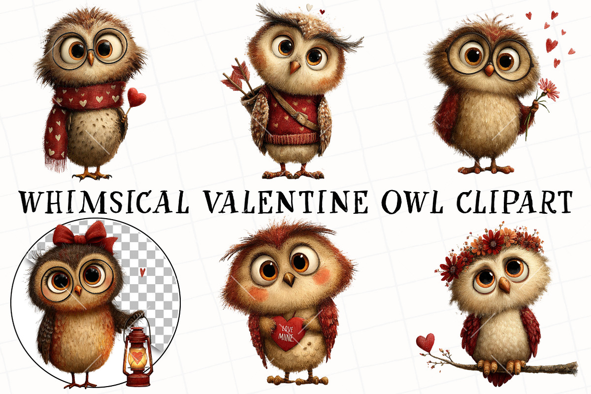 Whimsical Valentine Owl Clipart, an Illustration by OK Design (Photo 2 of 6)