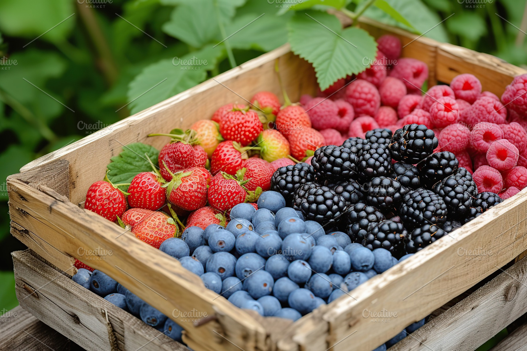 Fresh ripe berries in wooden crate in the garden, a Food & Drink Photo by AlyaAnd