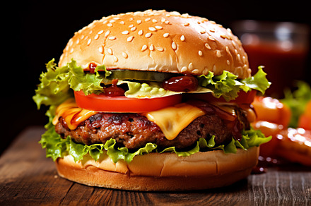 hamburger with cutlet grilled on a wooden surface, a Food & Drink Photo by Natalia Klenova's Shop