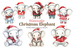 Christmas Elephant. Watercolor PNG., an Animal Illustration by KENO Mascots