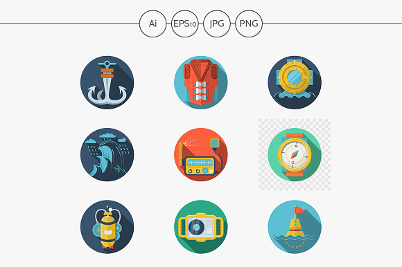 Colored Flat Vector Icons For Diving