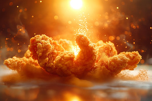 A striking explosion of fried chicken texture, capturing the gol, a Food & Drink Photo by ImageMir