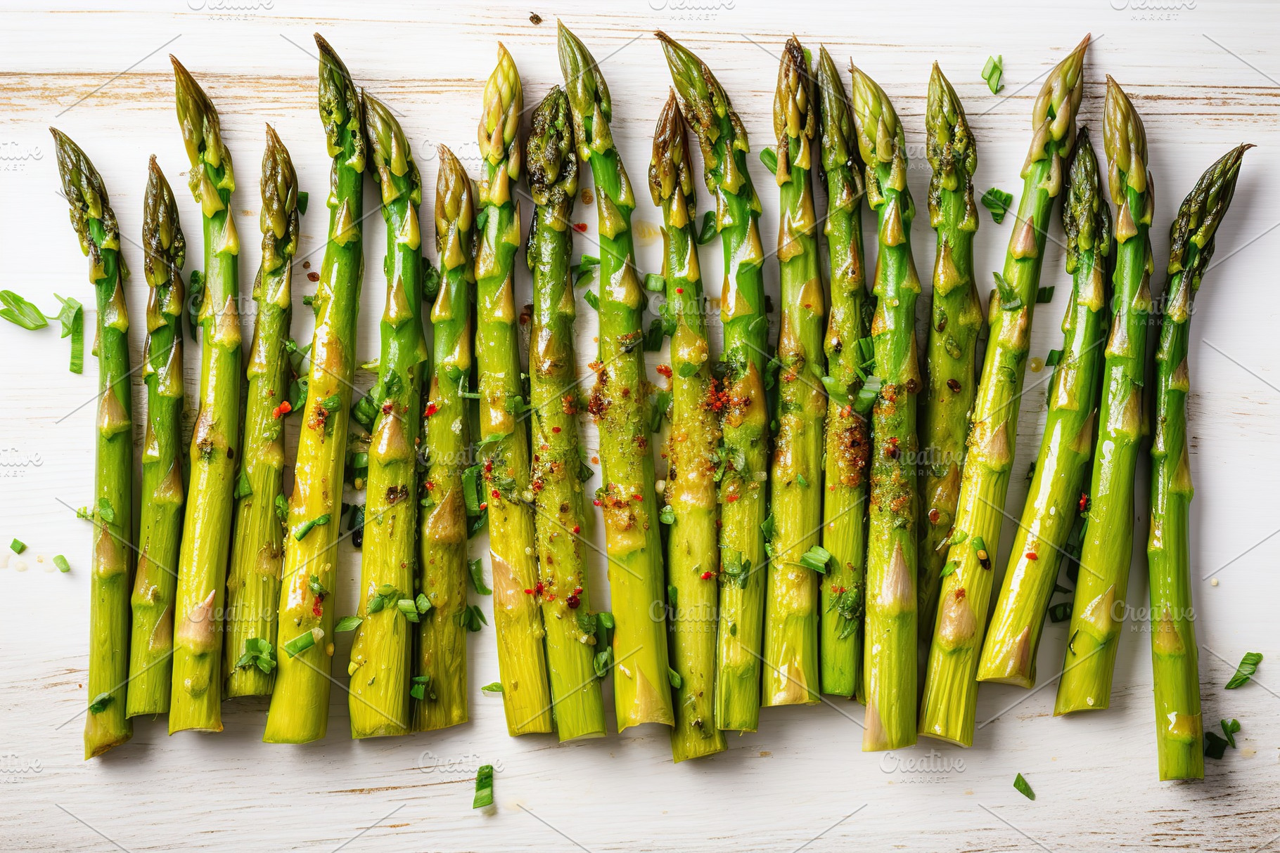 Baked asparagus with spices on wooden background, a Food & Drink Photo by AlyaAnd