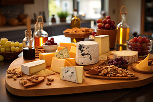 Various types of cheese on wooden background, a Food & Drink Photo by AlyaAnd