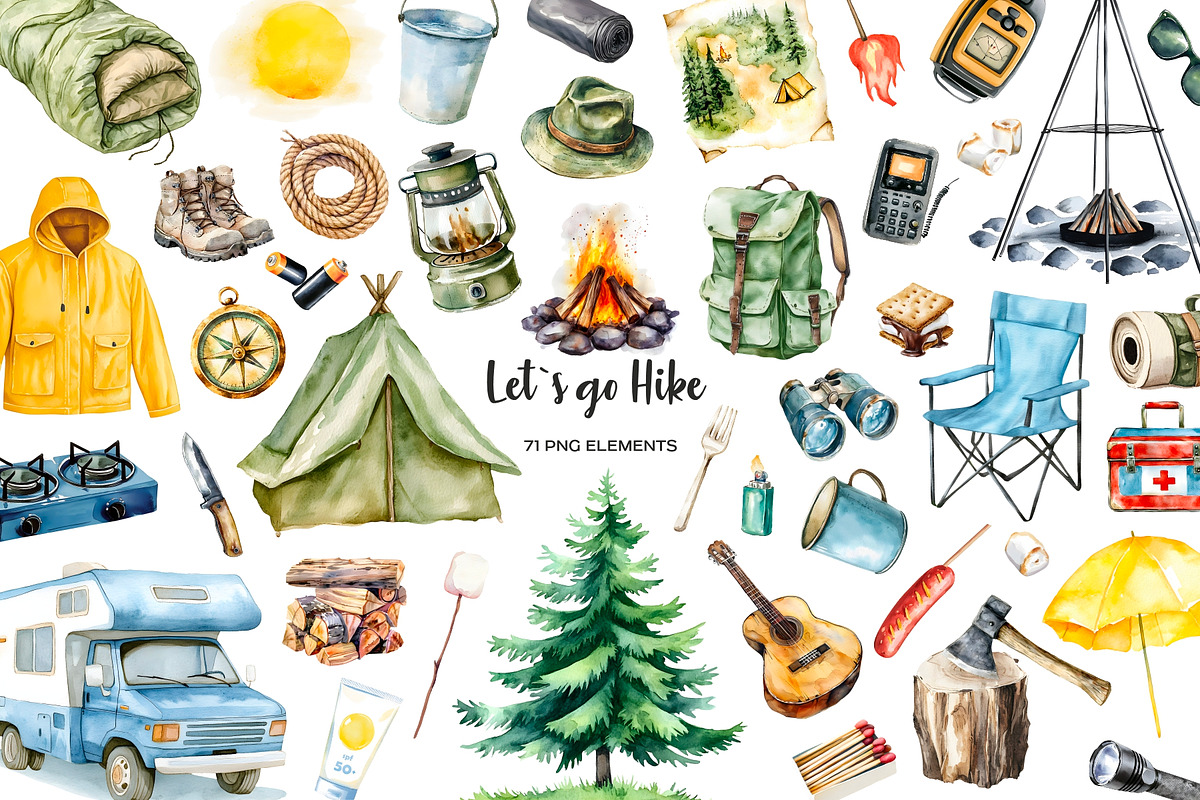 Watercolor camping clipart Hiking, an Object Illustration by Art and Funny (Photo 1 of 3)