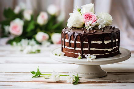 Chocolate cake with flowers on cake stand on white wooden table, a Photo by AlyaAnd