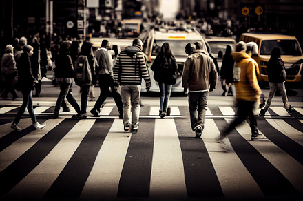 pedestrians people  cross city street at busy road urban scene, a Photo by New York Art Store