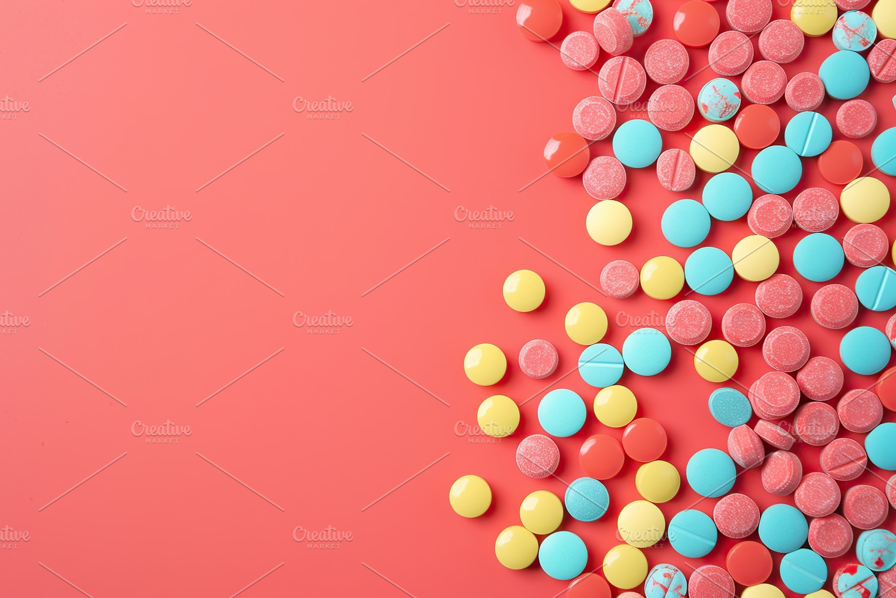 Colorful medicine pills with copyspace on pink background, a Photo by AlyaAnd