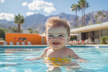Baby enjoying playful splash in pool, a Photo by Beautiful things