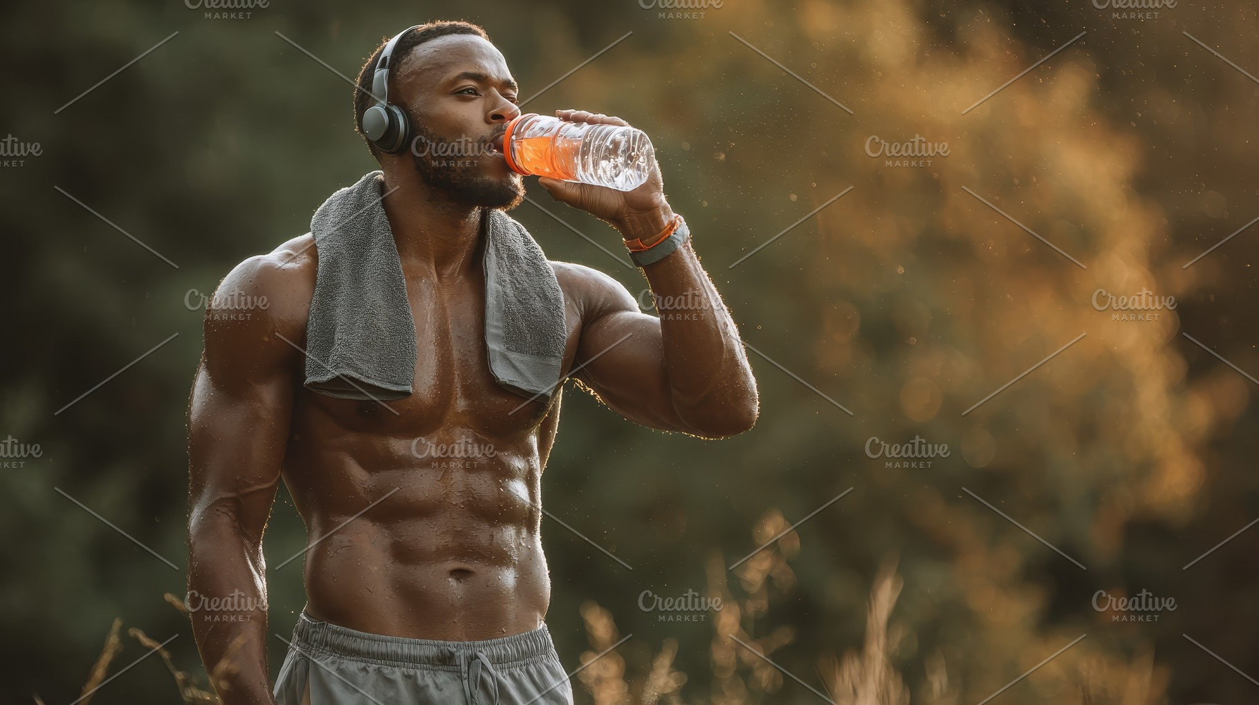 Muscular man drinks water after work, a Photo by Pixeness Studio