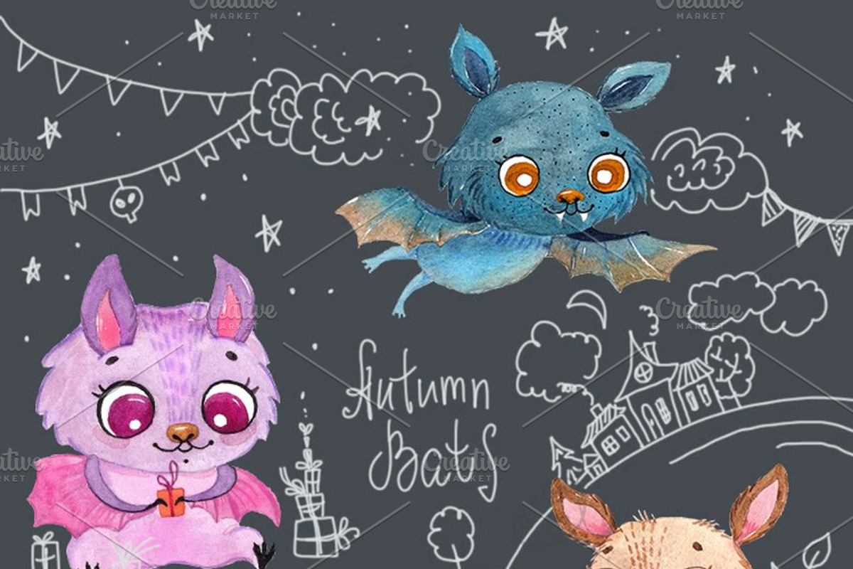 Bat cute characters, an Animal Illustration by JaneLane (Photo 2 of 5)