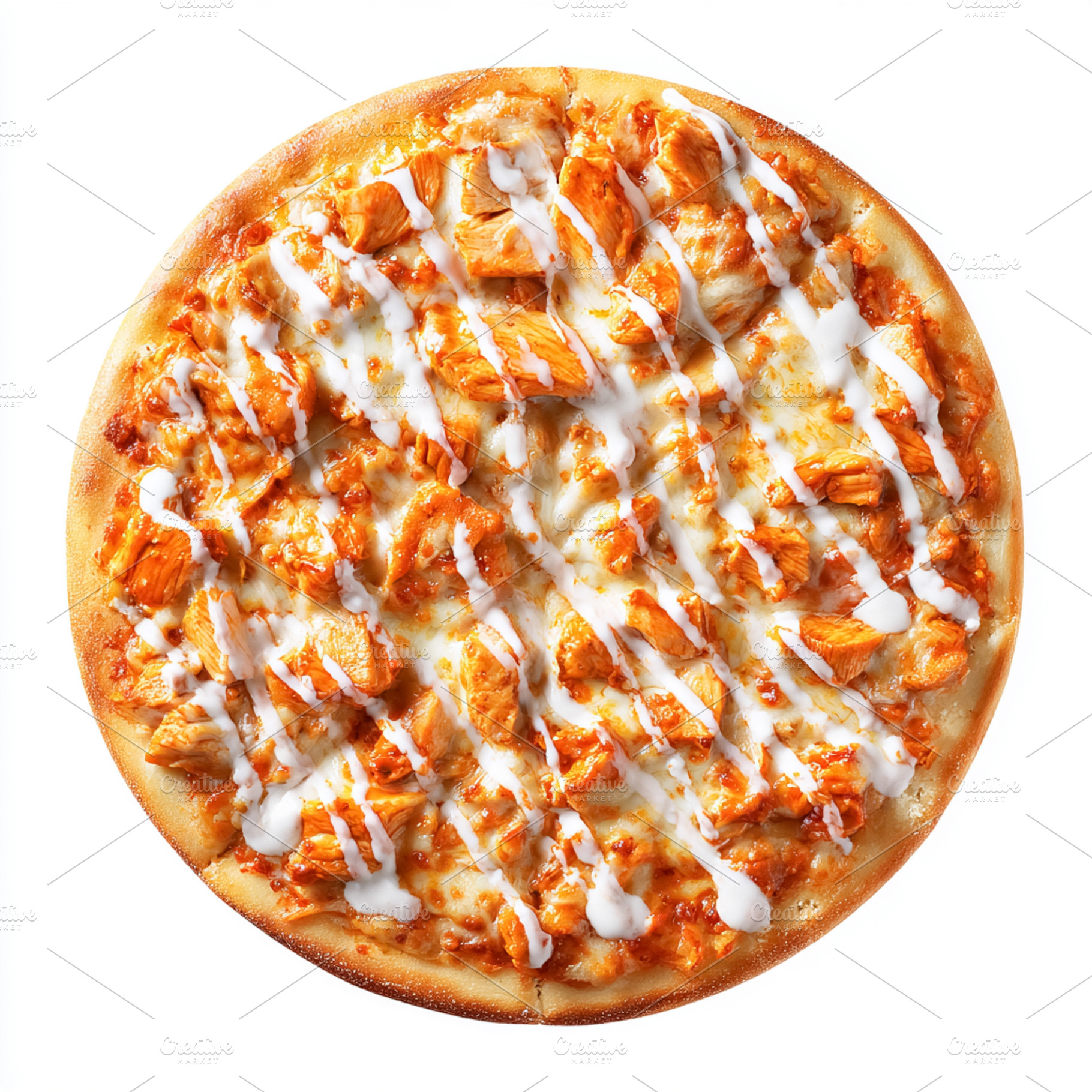 Spicy chicken pizza with white sauce drizzle, a flavorful fast f, a Photo by Studio ANNA
