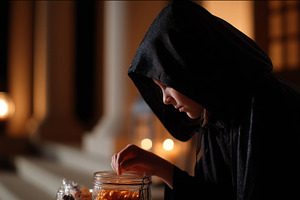 Child in a dark hooded costume reach, a Holiday Photo by MistyDay