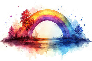 Watercolor rainbow arching over a serene landscape with colorful, a Background Photo by José Manuel Gelpi