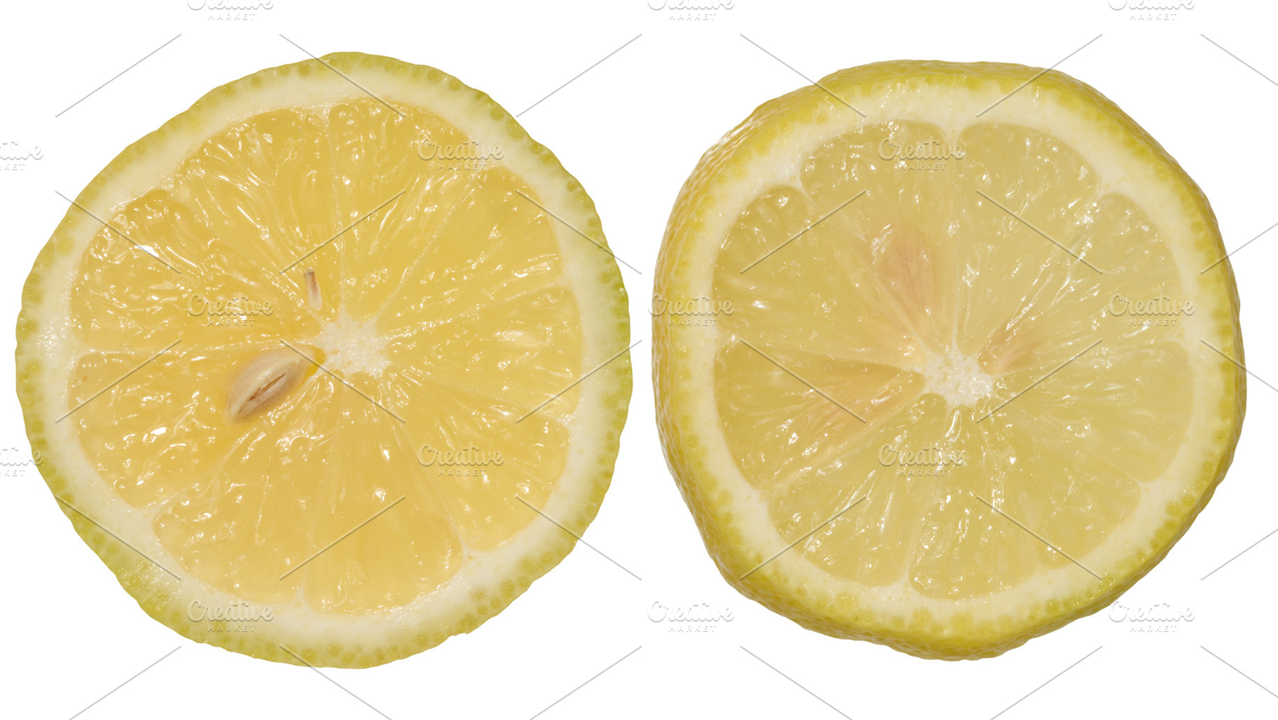 Round lemon slices with juicy pulp on isolated background, a Food & Drink Photo by ndanko