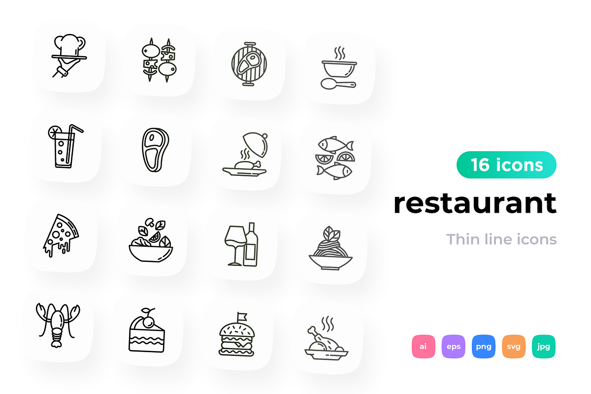 Restaurant 16 Thin Line Icons Set, an Outline Icon by Alex Blogoodf (Photo 1 of 5)