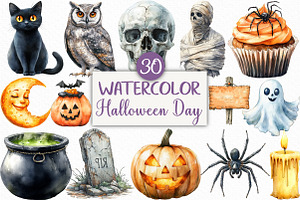 Watercolor Halloween Day Clipart, an Illustration by Craft Nest