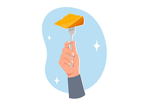 Hand holding table fork with piece, a Food Illustration by Vectorbuum