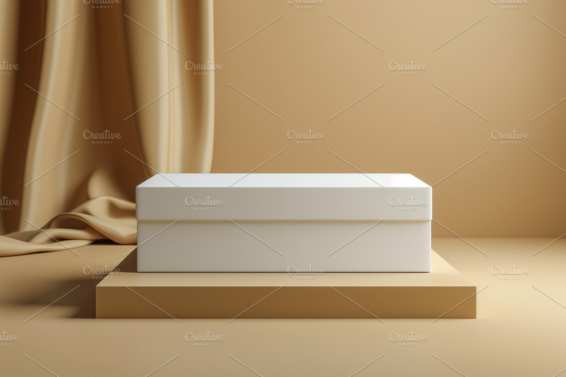 Minimalist white box on a beige pedestal with soft drapery in the background, c, a Business Photo by ImageMir