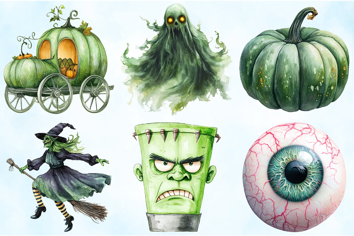 Watercolor Green Halloween Clipart, an Illustration by Craft Nest (Photo 5 of 9)