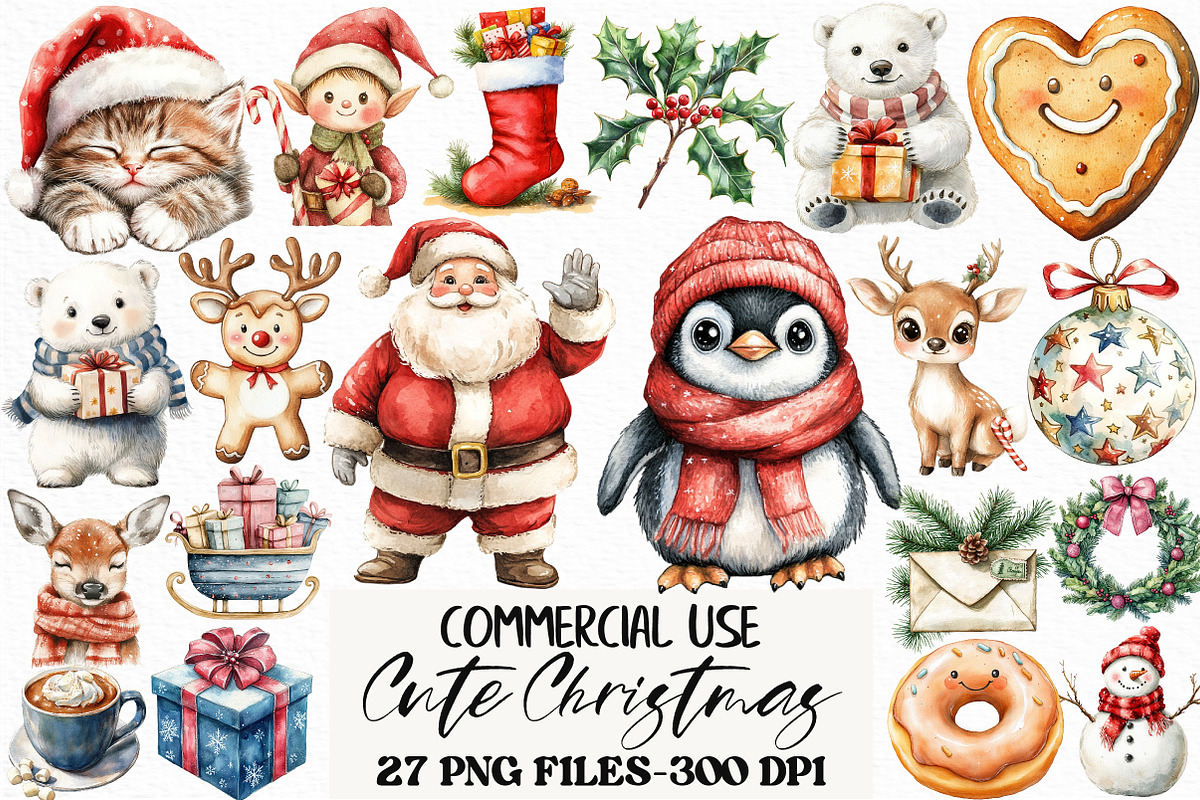 Cute Christmas Watercolor Clipart, an Illustration by Craft Nest (Photo 1 of 6)