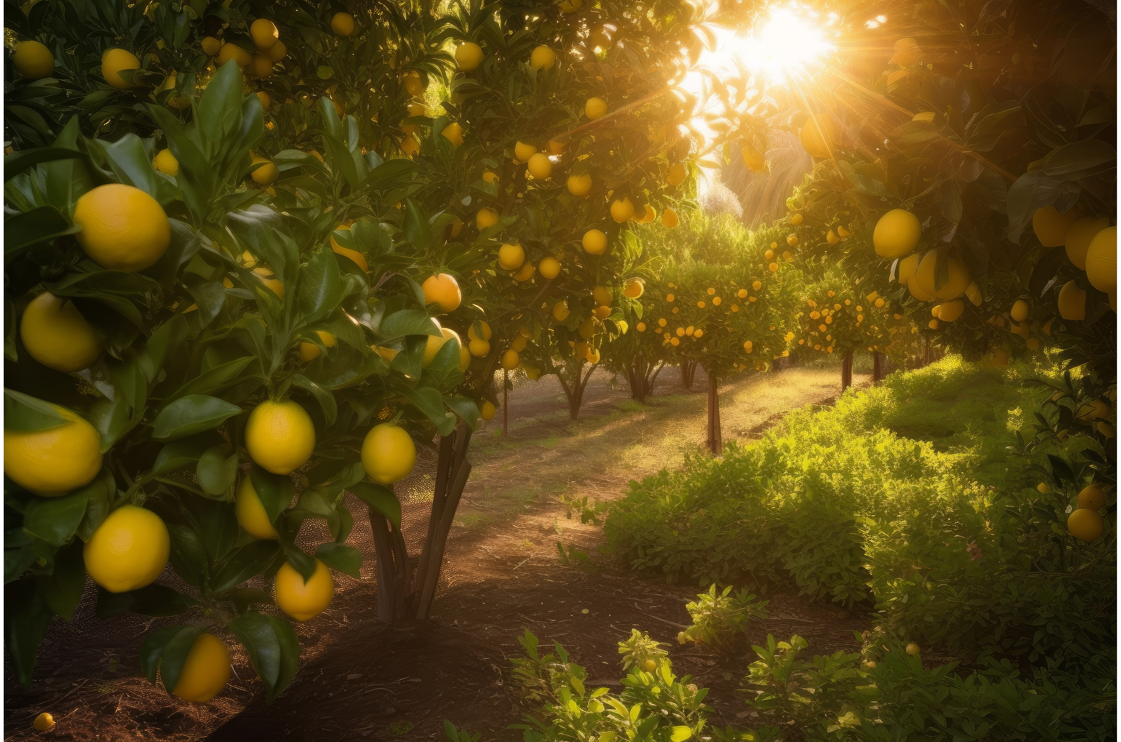 Lemon garden tree at sunrise, an Illustration by Ylivdesign