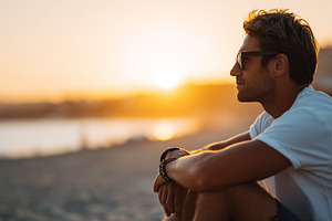 Man in sunglasses sits on the beach, a Person Photo by MistyDay