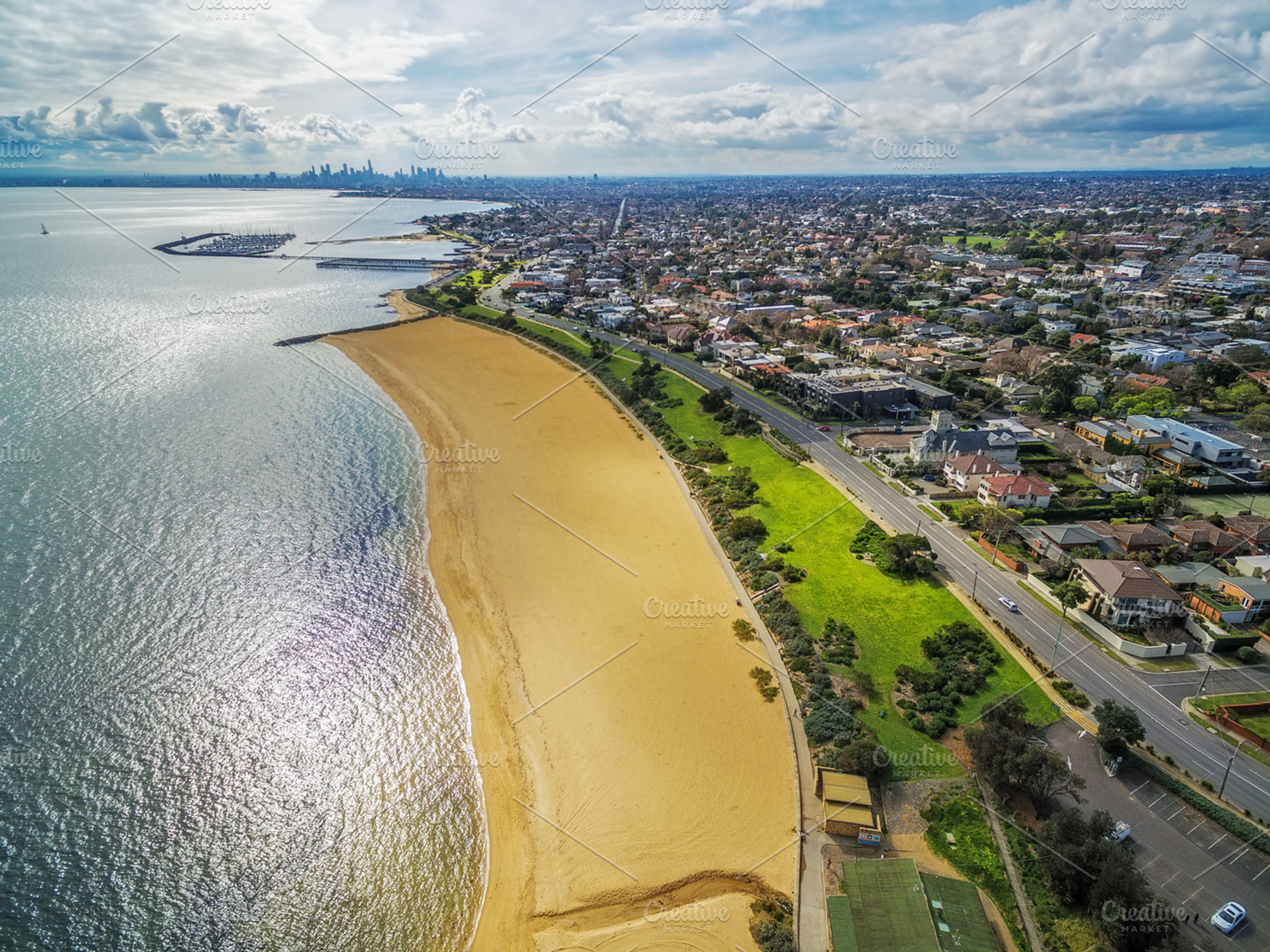 Aerial view of brighton beach featuring cbd, coastline, and landscape, an Architecture Photo by Australia Aerial Photo