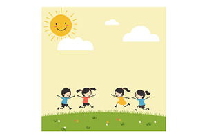 Four happy children running joyfully, an Illustration by designvectx