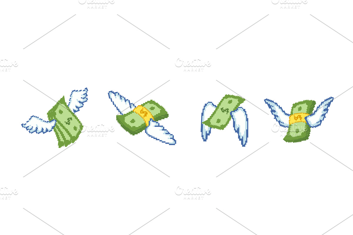Pack of pixel dollars with wings set, a Finance Illustration by skripnikbb