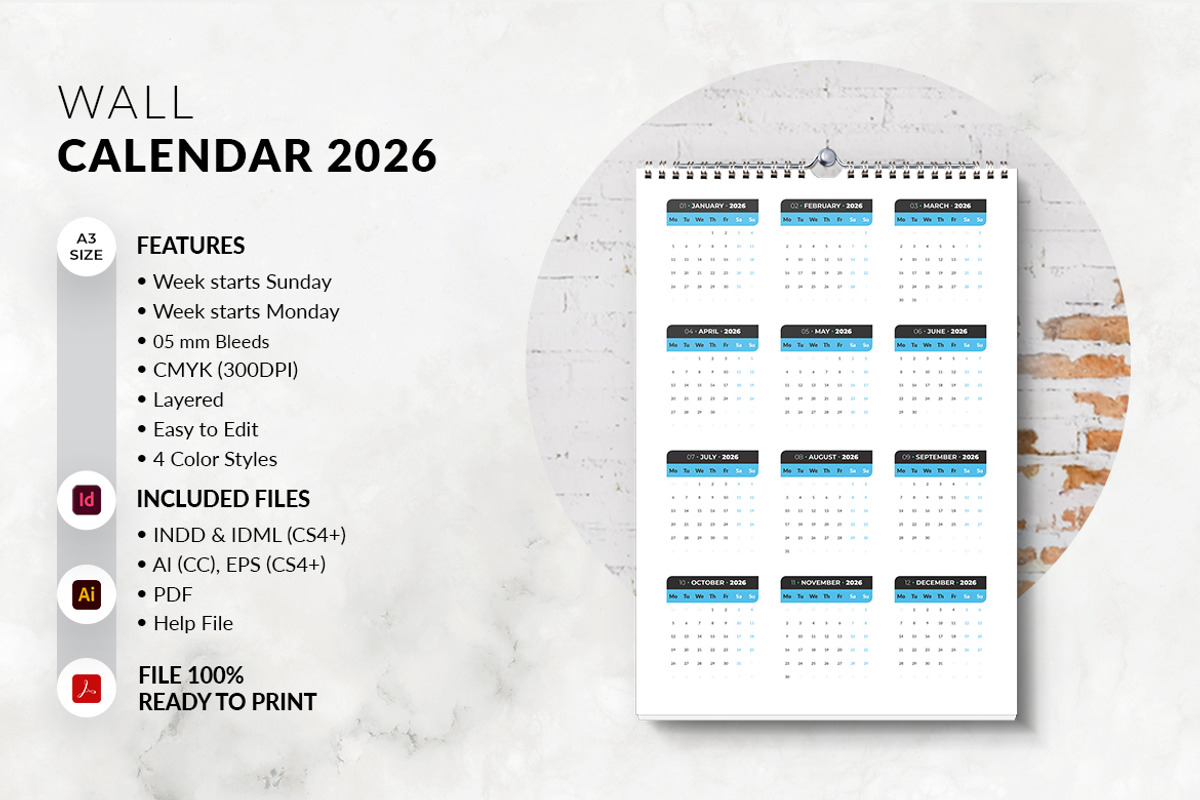 A3 Size Wall Calendar 2026 Printable, a Stationery Template by MstArtwork (Photo 3 of 8)