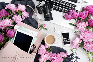 Pink Peonies Flatlay With Camera