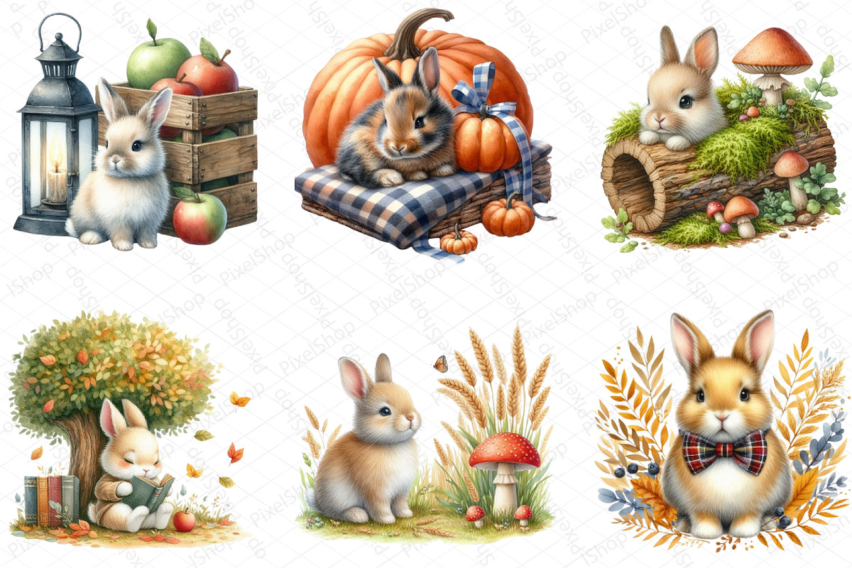 Watercolor Autumn Rabbit Clipart, an Illustration by DreamPrint404 (Photo 3 of 6)