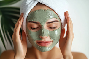 Beautiful girl applying facial mask, a Photo by Pavel_design