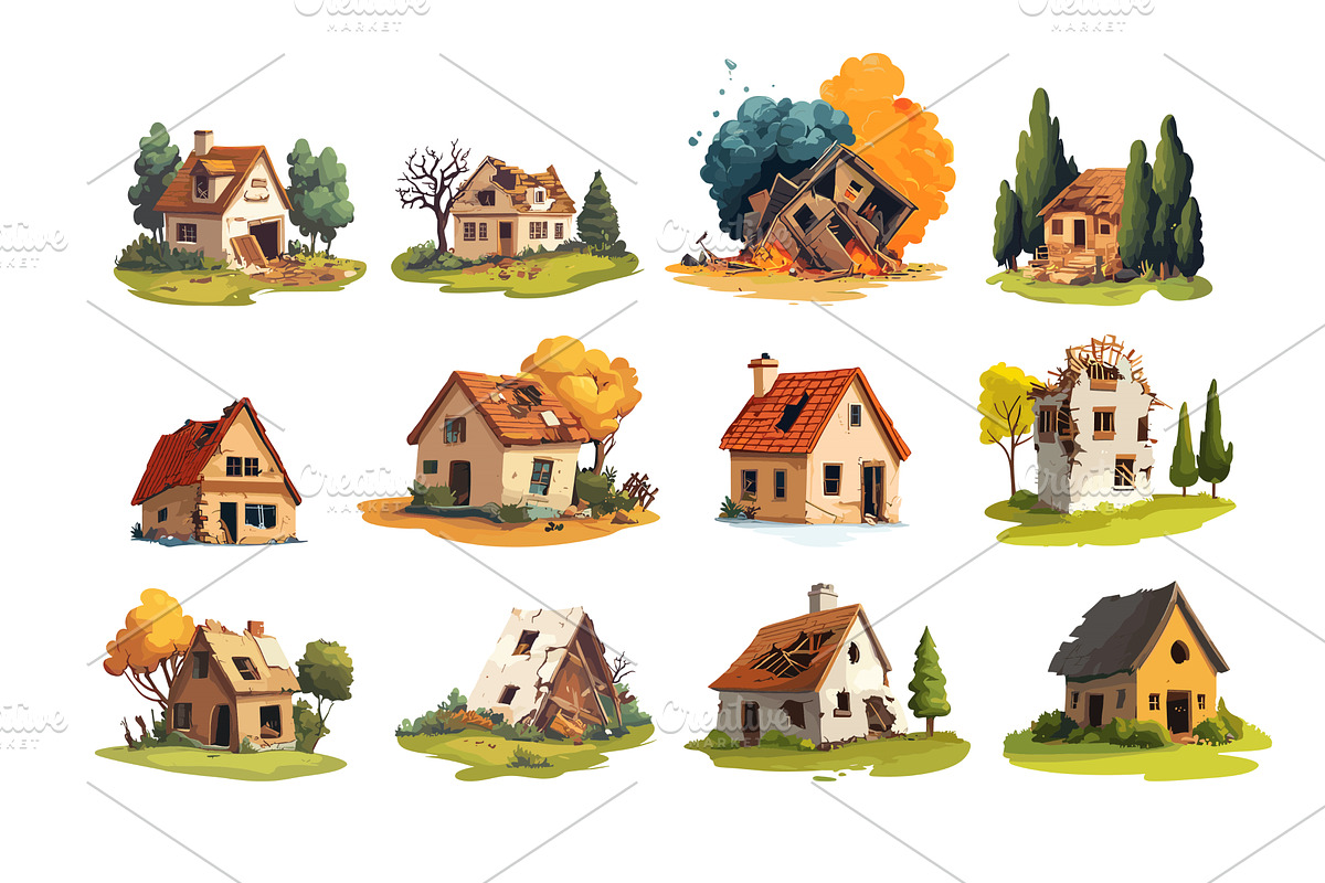 Earthquake destroyed houses cartoon, an Object Illustration by Onyx