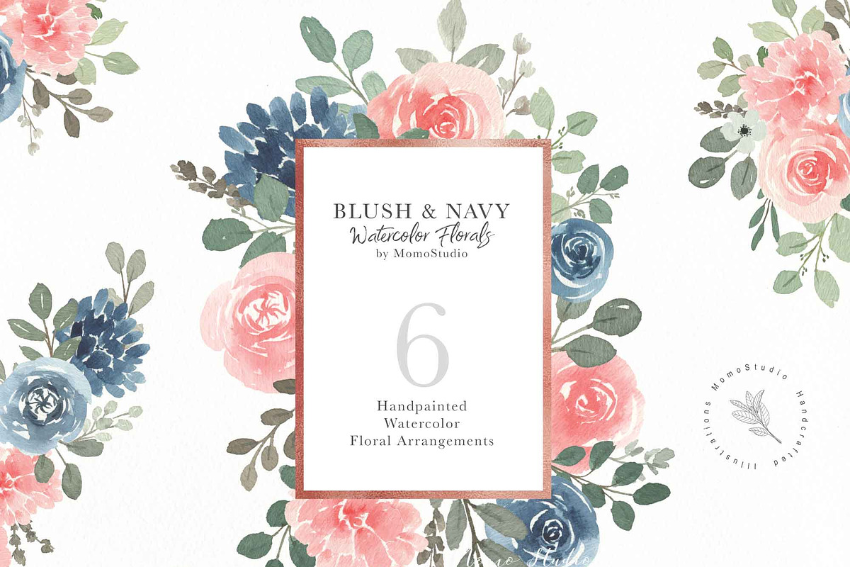 Blush and Navy Watercolor Florals, a Work Illustration by Momo Studio (Photo 2 of 12)