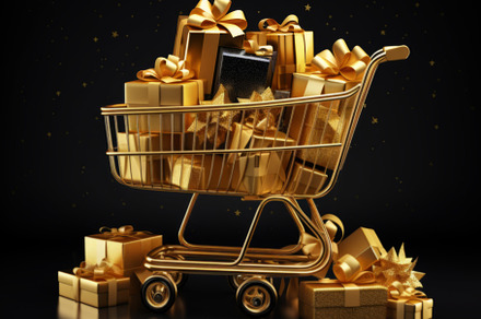Shopping cart full of golden gift boxes on black background, a Holiday Photo by Natalia Klenova's Shop