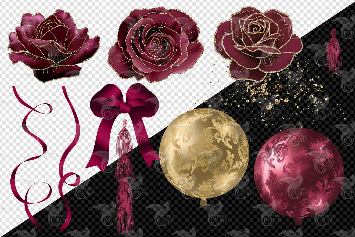 Burgundy and Gold Glam Balloons, an Illustration by Digital Curio
