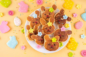 Cute and sweet Easter breakfast pancakes in form of bunny rabbit, a Food & Drink Photo by Rimma