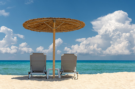 Beach chair with umbrella with blue, a Nature Photo by Byrdyak