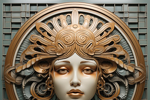 A Stylized, Intricate Art Deco Relief Sculpture Of A Woman's Face Surrounded By