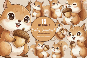 15 Bundle Watercolor Baby Squirrel, an Animal Illustration by Morspective