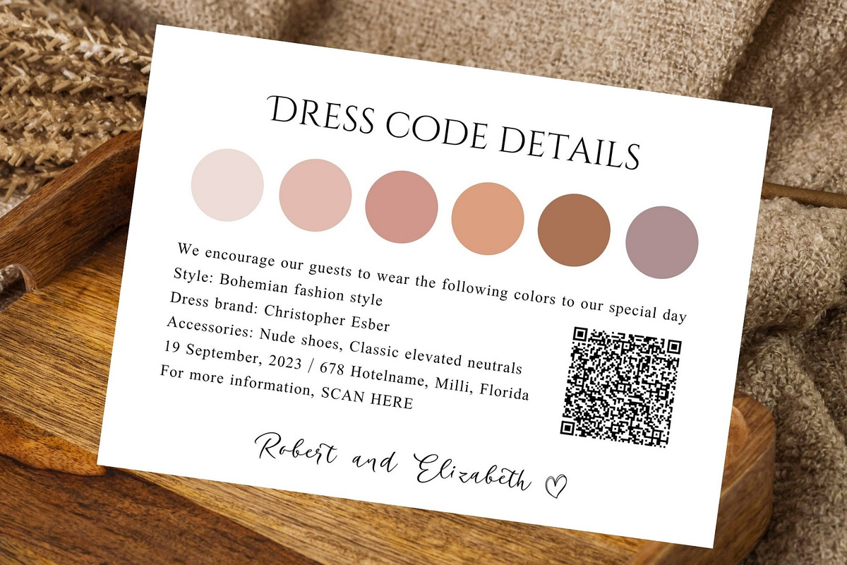 QR code wedding event attire card, a Card Template by EvaTemplates (Photo 3 of 5)