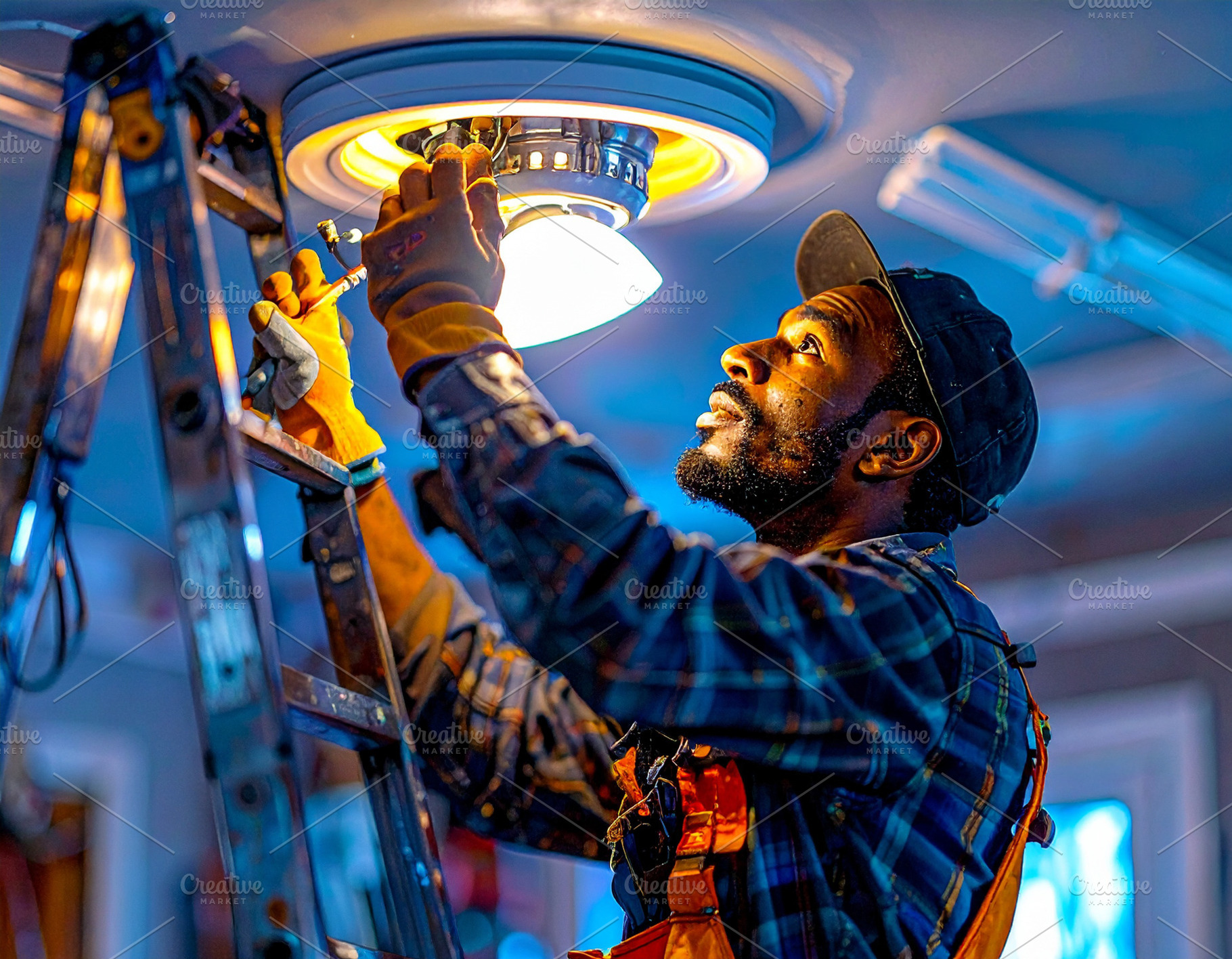 Young electrician installing ceiling lighting fixtures, a Photo by DanFLCreativo