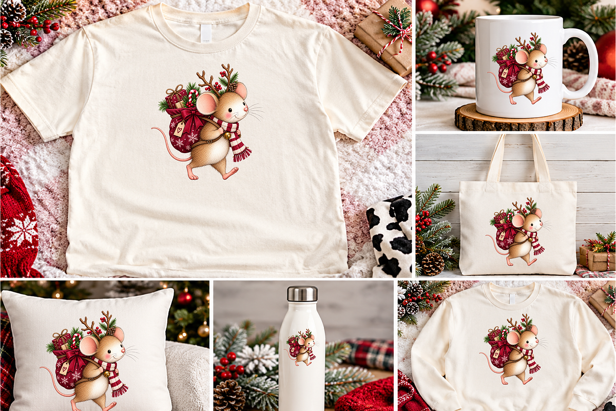 Whimsical Christmas Mouse Gift, a Seasonal Illustration by Printable Design Store (Photo 2 of 3)