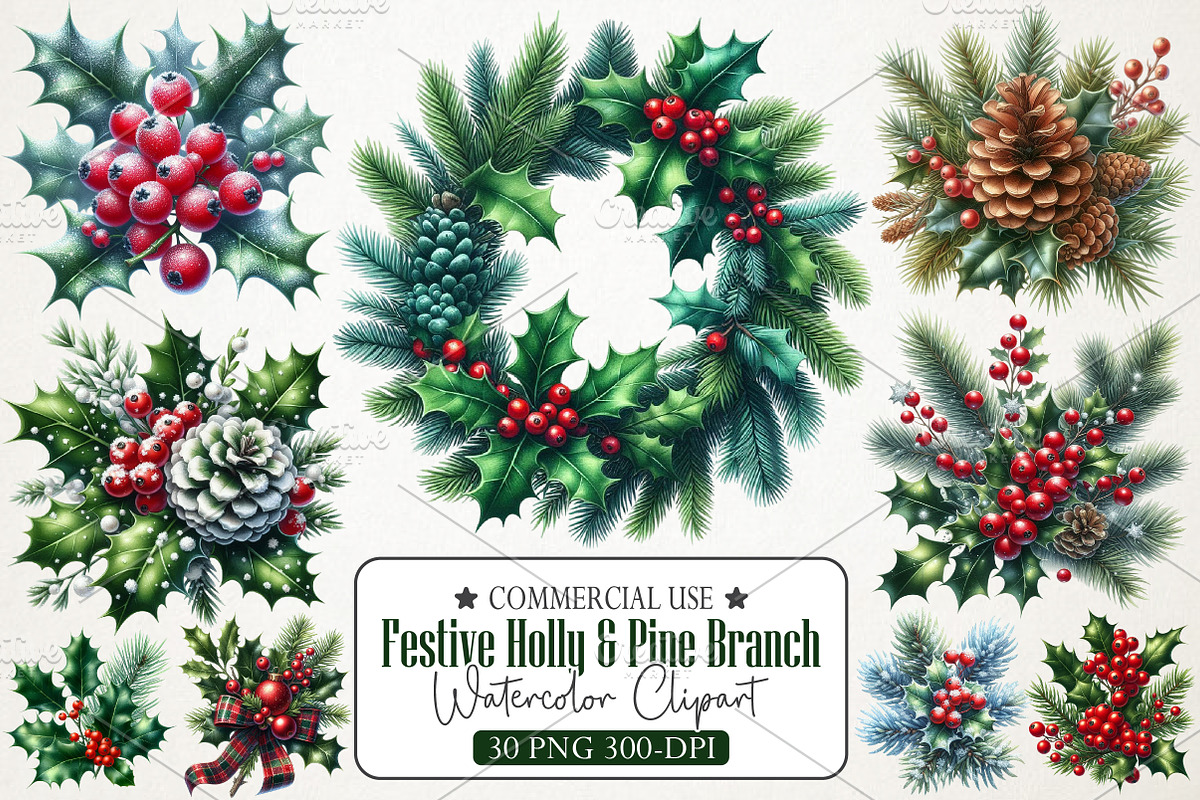 Festive Holly & Pine Branch Clipart, an Illustration by RobertsArt (Photo 1 of 5)