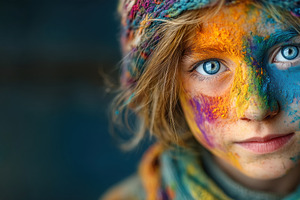 Colorful Holi festival portrait of child with vibrant powder pig, a Person Photo by José Manuel Gelpi