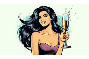 woman celebrating with champagne pop, a Food Illustration by AlexArt