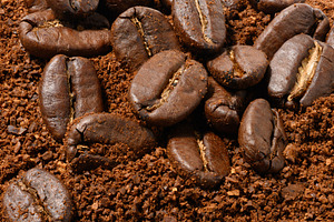 Roasted coffee beans lie on an even layer of freshly ground brow, a Food & Drink Photo by ndanko